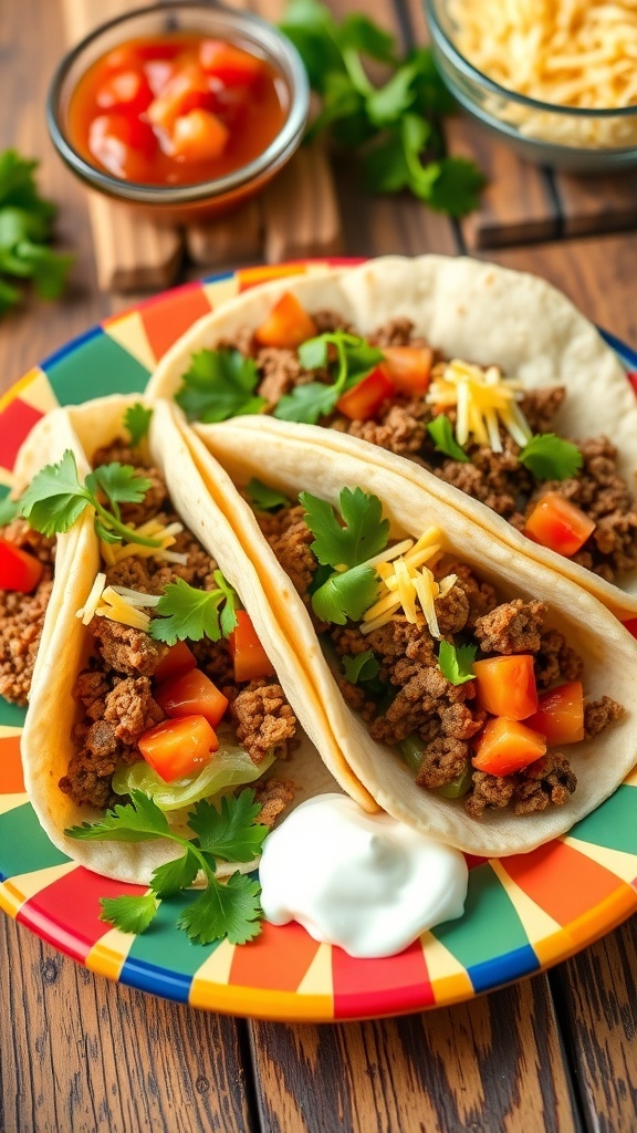 A plate of ground beef tacos topped with lettuce, tomatoes, and cheese, served with salsa and sour cream.